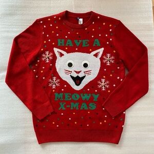 H&M Divided "Have a Meowy X-Mas" Red Knit Ugly Christmas CAT FACE Sweater